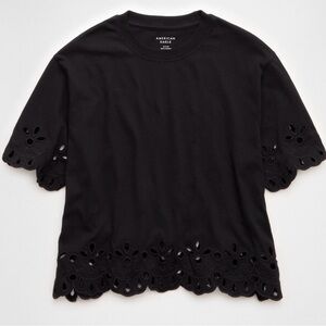 American Eagle AE Boxy Cropped Eyelet Black Top Shirt XXL